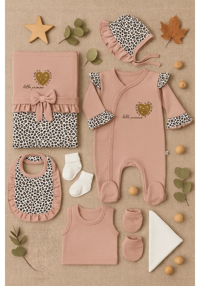 Babyhola Leopar Desenli Tulum 8'li Hastane Çıkışı Yenidoğan Set 5016 Gül Kurusu