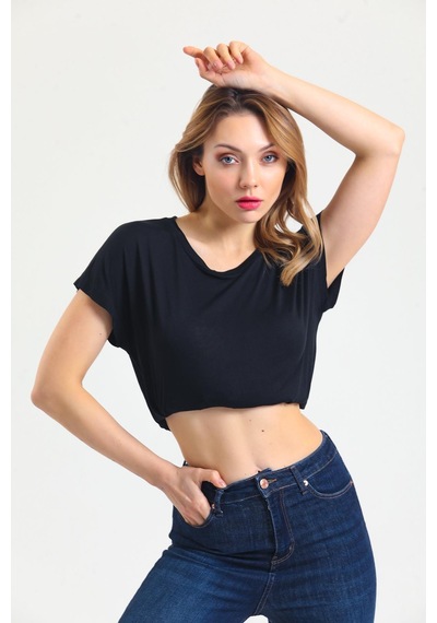 Kadın Bambu Kumaş Bisiklet Yaka T-shirt Siyah
