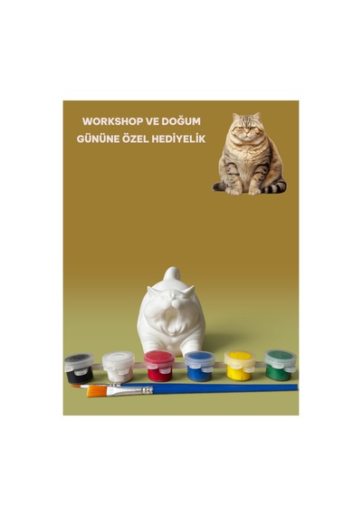 3d Tombul Kedi Figür Boyama Seti - Kendin Boya Hobi Ve Etkinlik Seti - Akrilik Boya + 2 Fırça