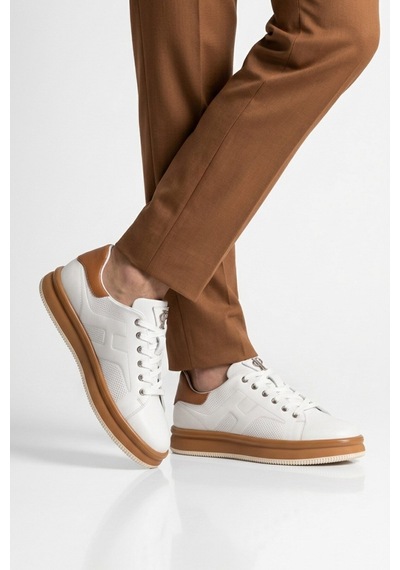 Beyaz Taba Hakiki Deri Hafızalı Taban Erkek Sneaker Çok Renkli