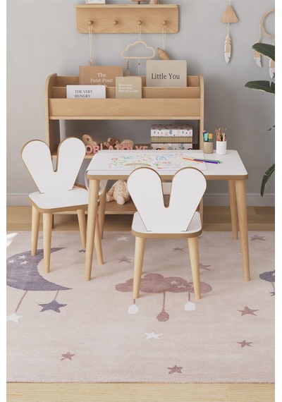 Resim Kağıdı Rulolu Çocuk Aktivite Masası 60x45 Cm 2 Sandalyeli Tavşan Sandalye Çok Renkli