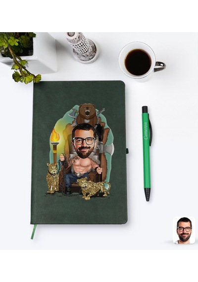 Kişiye Özel Viking Karikatürlü Yeşil Termo Deri Defter Kalem Seti