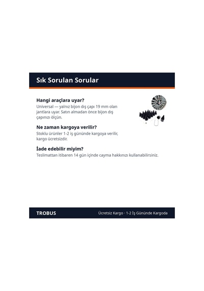 Trobus Sökme Aparatlı Sivri Bijon Kapağı Seti 20 Adet 19 Mm Siyah