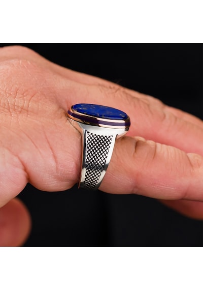 Lapis Lazuli Taşlı Oval Kasa 925 Ayar Gümüş Erkek Yüzük Gümüş