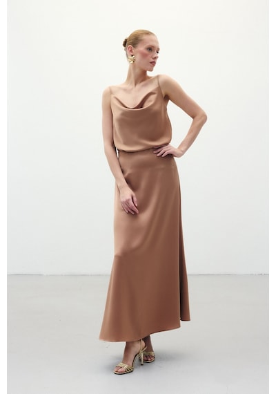 Sateen Uzun Saten Etek - Camel