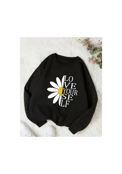Herkesemoda Papatya Baskı Detaylı Bisiklet Yaka İçi Polarlı Sweatshirt Siyah