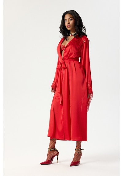 Eclatant Kırmızı Dantelli Uzun Saten Sabahlık / Kimono Kırmızı