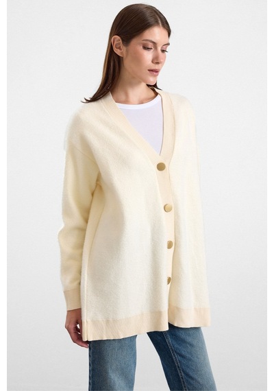 Olcay V Yaka Soft Kumaş Hırka Krem 8295