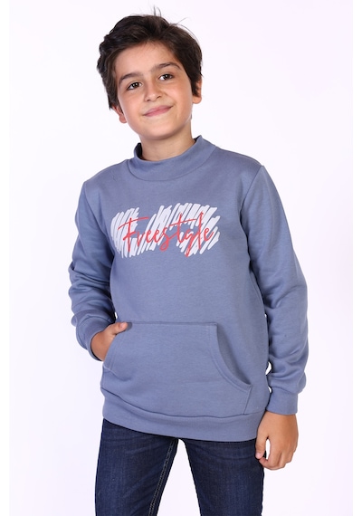 Toontoy Kids Toontoy Erkek Çocuk Kanguru Cepli Baskılı Sweatshirt Mavi