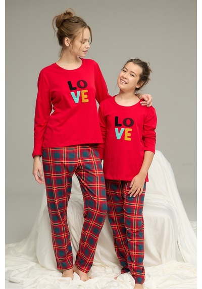 Siyah İnci Pamuklu Bisiklet Yaka Örme Pijama Takım25241124 Kırmızı