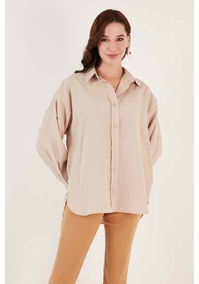 Lela Pamuklu Oversize Dokuma Bayan Gömlek 6234760 Taş