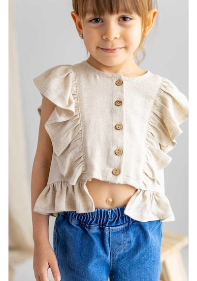 Oliventhekid Bej Naturel Keten Önden Düğmeli Kolları Ve Beli Fırfırlı Kız Çocuk Bluz Bej Bej