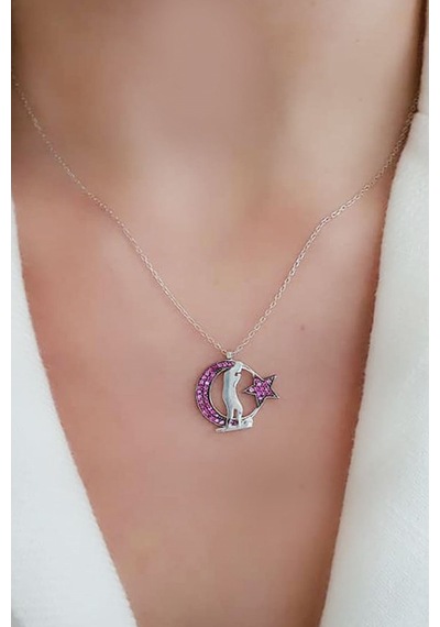 Pembe Zirkon Tasli Ay Yıldız Atatürk Figürlü Gümüş Kolye