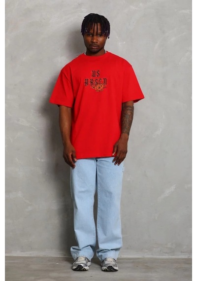 Erkek Baskılı Tişört Kısa Kol Bisiklet Yaka Oversize T-shirt - Kırmızı Kırmızı