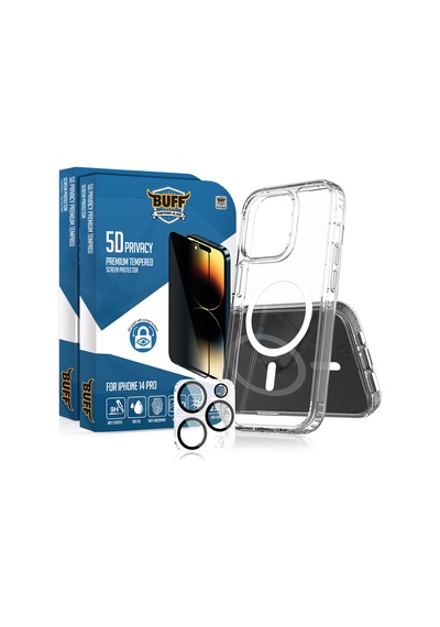 Buff Apple iPhone Uyumlu  14 Pro - 2x5d Ekran Koruyucu + Magsafe Kılıf + Lens Koruyucu Privacy Hayalet