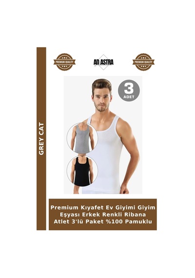 Grey Cat Premium Kıyafet Ev Giyimi Giyim Eşyası Erkek Renkli Ribana Atlet 3'lü Paket %100 Pamuklu Çok Renkli