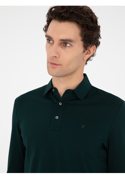 Zümrüt Regular Fit %100 Pamuk Polo Yaka Sweatshirt Yeşil