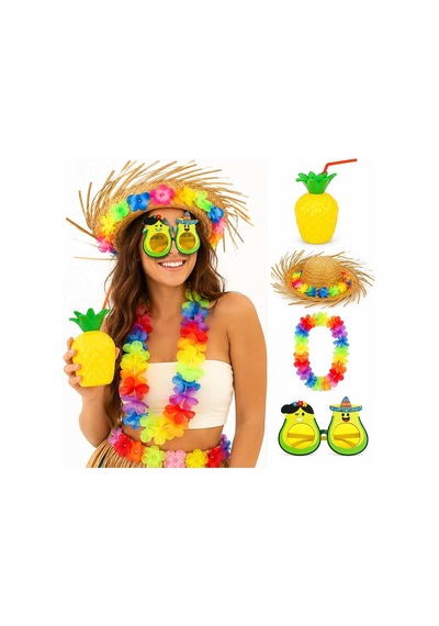 4 Parça Hawaii Parti Seti Ananas Bardak Hasır Şapka Avokado Gözlük Çiçek Kolye Evimdeyokyok