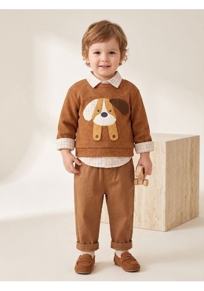 Zekids Erkek Bebek Köpek Aplikeli Kazak Gömlek Ve Pantolon Takım-17437 Kahverengi