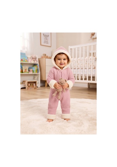 Chicsy Baby Tatlı Unisex Bebek Örgü Triko Tulum Welsoft Peluş Manşetli Kapüşonlu Fermuarlı Kışlık Bebek Kozmonot Tulumu Pembe