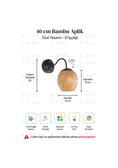 Boja Bambu Siyah Detay Aplik 15x15x25 Cm İskandinav, Modern, Bohem, Rattan, Aydınlatma Altın