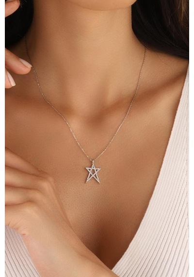 Yıldız Gümüş Kolye Beyaz Zirkon Taşlı Rose Gold