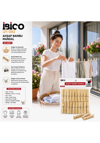 20pcs Ahşap Bambu Mandal 5580 Çok Renkli
