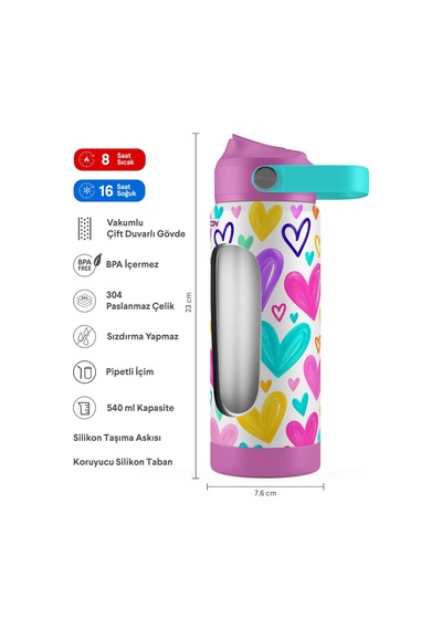 Puccon 540 Ml Kalp Desenli Mor - Pembe Kız Çocuk Pipetli Çelik Termos Matara/suluk - 60062