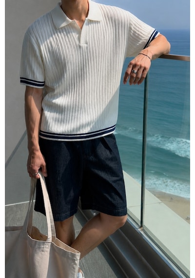 Tarz Cool Oversize Fit Çizgili Triko Polo Yaka Erkek Tişört Ribana Dokulu Premium Yazlık Model Beyaz