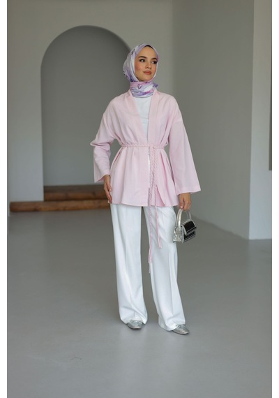 Moonsc Keten Kimono Kemerli Pembe