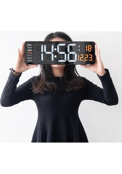 Büyük Led Ekranlı Dijital Duvar Saati, Uzaktan Kumandalı, Alarm, Sıcaklık Ve Gün Göstergeli, 39x13 Cm Diğer