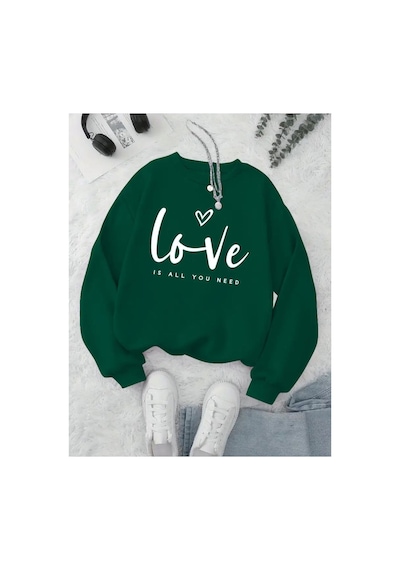 Herkesemoda Love Yazı Baskılı Bisiklet Yaka İçi Polarlı Sweatshirt Yeşil