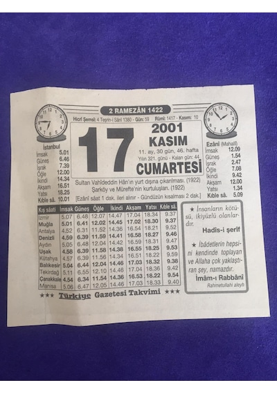 17 Kasım 2001 Takvim Yaprağı - Nostalji Koleksiyonluk Takvim Yaprağı B