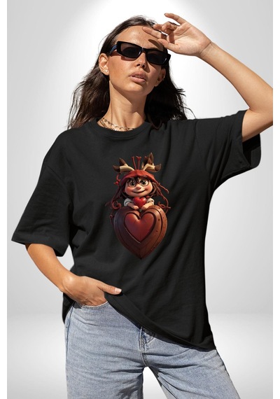 Çikolata Kız Kalbi Pamuklu Bisiklet Yaka Unisex Oversize Boyfriend Dijital Baskılı Siyah T-shirt Siyah
