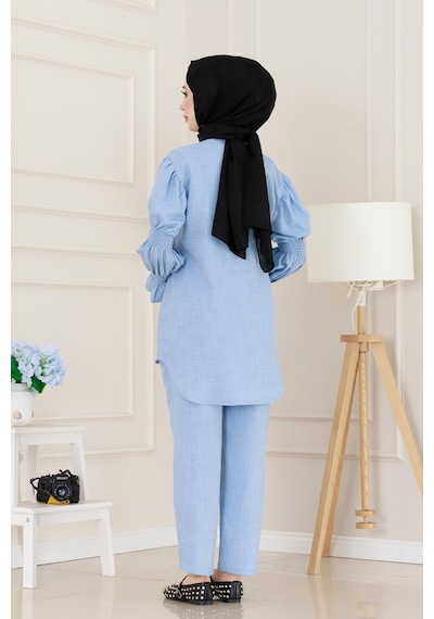 Sevitli Önü Taşlı Kolu Lastikli İkili Takım-bebe Mavi-5099 Bebe Mavi