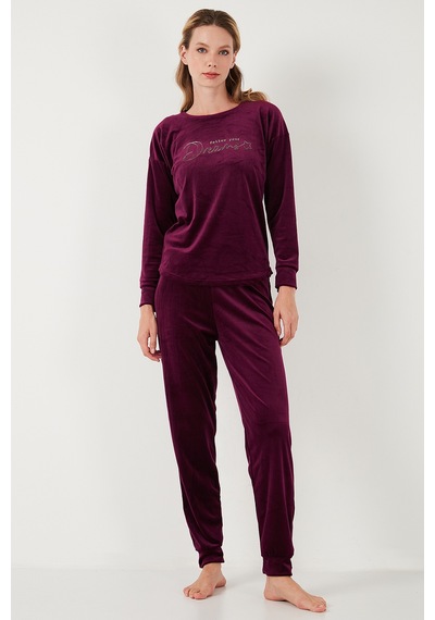 Lela Standart Fit Bisiklet Yaka Yumuşak Kadife Bayan Pijama Takımı 6094202 Mor