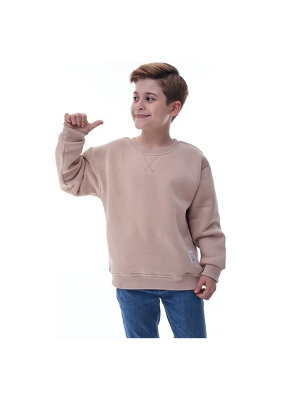 Erkek Çocuk Sweatshirt %100 Pamuk Rahat Kalıp 5-10 Yaş Bej