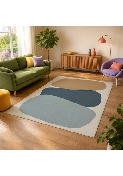Kartela Halı Katman Taş Desenli Modern Halı Mavi Kaymaz Taban Makinede Yıkanabilir 120x180 Cm