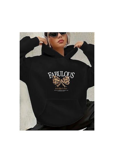 Herkesemoda Fabulous Baskı Detaylı İçi Polarlı Kapüşonlu Sweatshirt Siyah