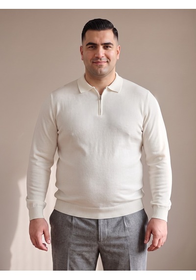 Maccali Erkek Beyaz Büyük Beden Düz Fermuarlı Polo Yaka Triko Kazak