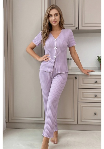 Bella Notte Lila Kısa Kollu V Yaka Pamuklu Fiyonklu Pijama Takımı