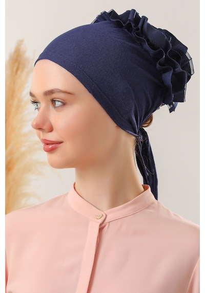 Melodi Scarf Kadın Tesettür Önü Dikişsiz Fırfırlı Penye Bone Lacivert