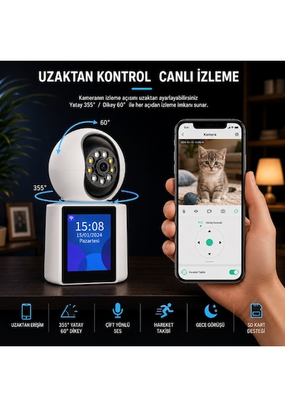 Apronx 2k Wifi Akıllı Bebek Güvenlik Kamerası Ekranlı 360 Ptz Hareket Takip Type-c 5v