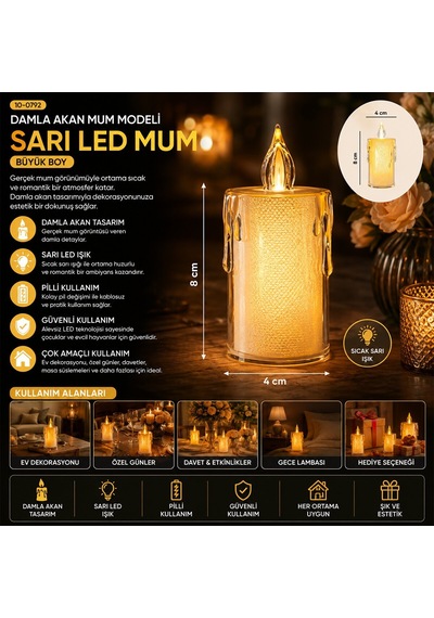 Smokeless Candles Yakut-9459 Büyük Boy Damlalı Akan Mum Modeli Pilli Led Mum- 24'li Paket Diğer