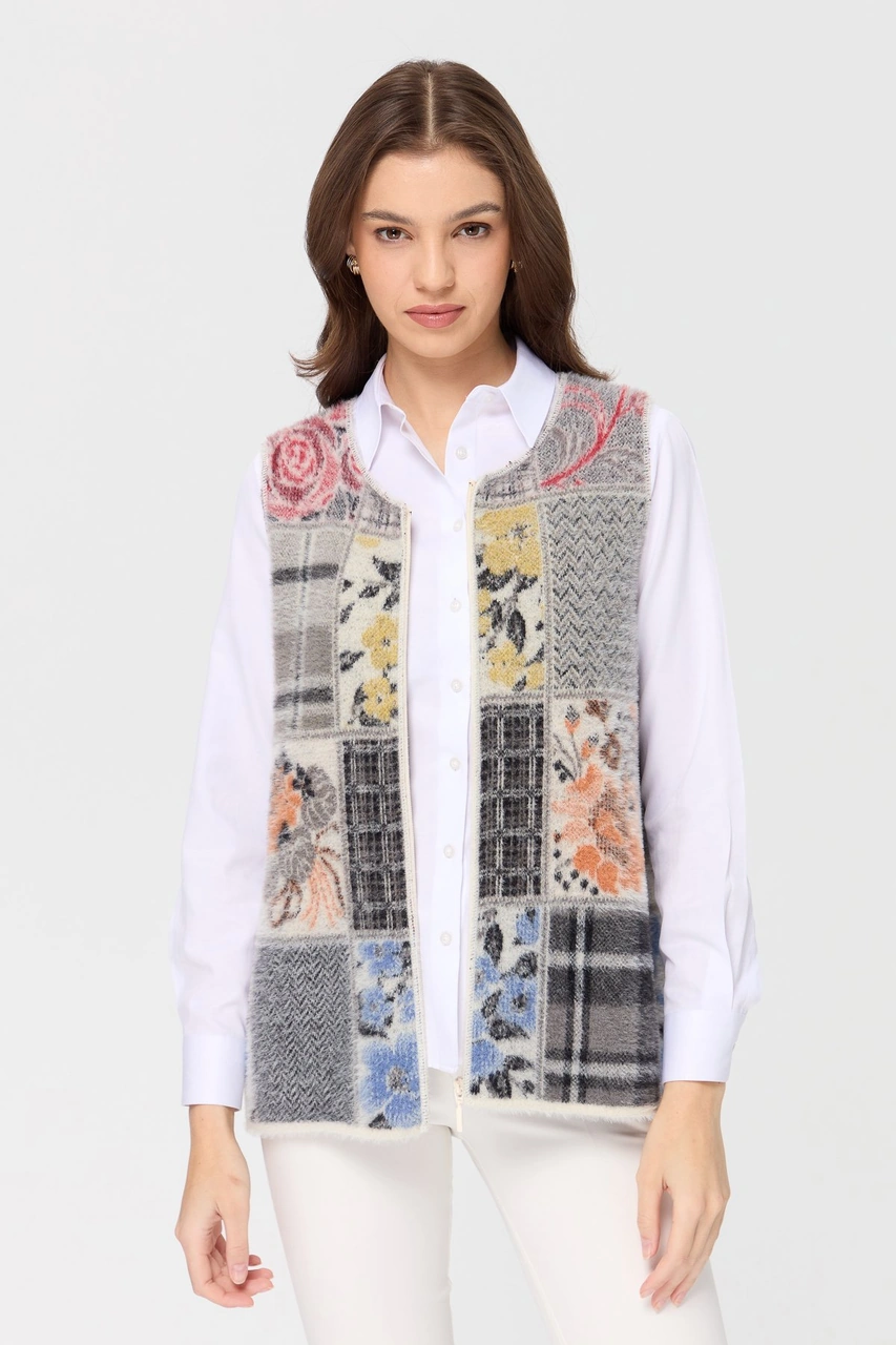 Desen Triko Kadın Sıfır Yaka Patchwork Yelek Kemik Kemik