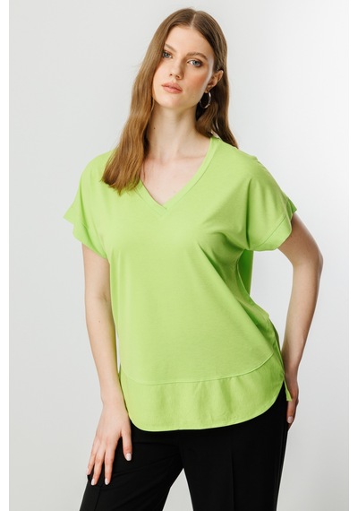 On Kadın Büyük Beden V Yaka Parçalı T-shirt 71476 Fıstık Yeşili