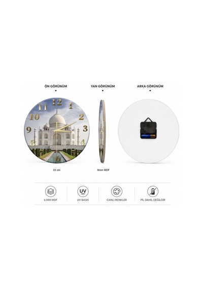 Taj Mahal Temalı Dekoratif Duvar Saati 33 Cm Uv Baskılı Mdf Duvar Saati Çok Renkli