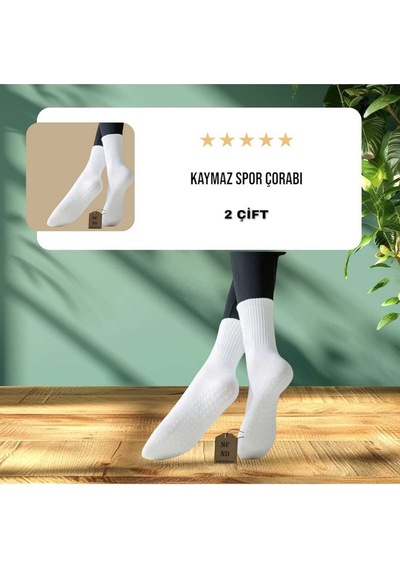Enefendi 2 Çift Yoga Pilates Çorabı Kadın Silikon Kaymaz Taban Pamuklu Soket Tenis Çorap Altı Havlulu Beyaz Renkli