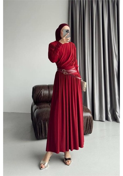 Neşeli Butik Kadın Kırmızı Drapeli Kemer Detaylı Sandy Kumaş Premium Tesettür Elbise Nms090 Neşeli Butik Kadın Kırmızı Drapeli Kemer Detaylı Sandy Kumaş Premium Tesettür Elbise Nms090