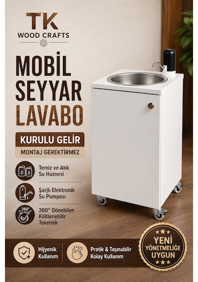 Premium Mobil Seyyar Lavabo Yeni Yönetmeliğe Uygun Tekerlekli Şarjlı Musluklu Beyaz